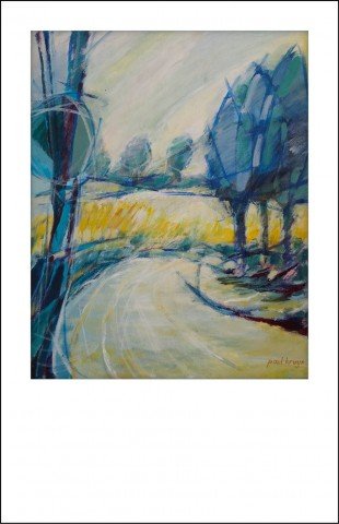 Een schilderij van een landschap-blauwe bomen langs een gele akker